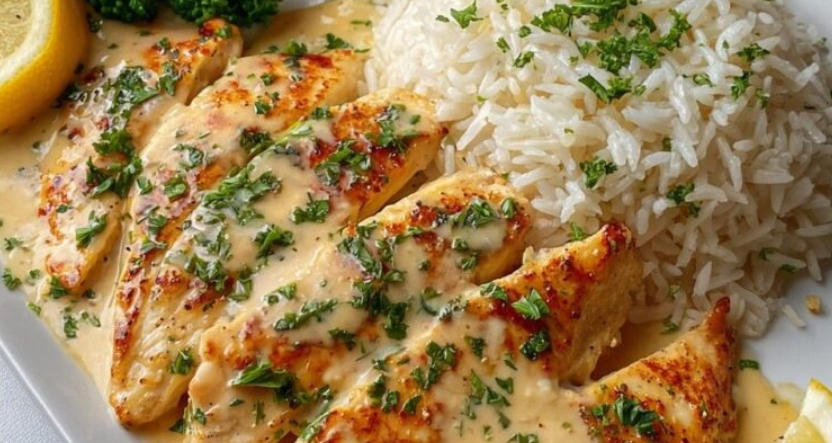 Creamy Lemon Garlic Chicken with Rice & Roasted Potatoes