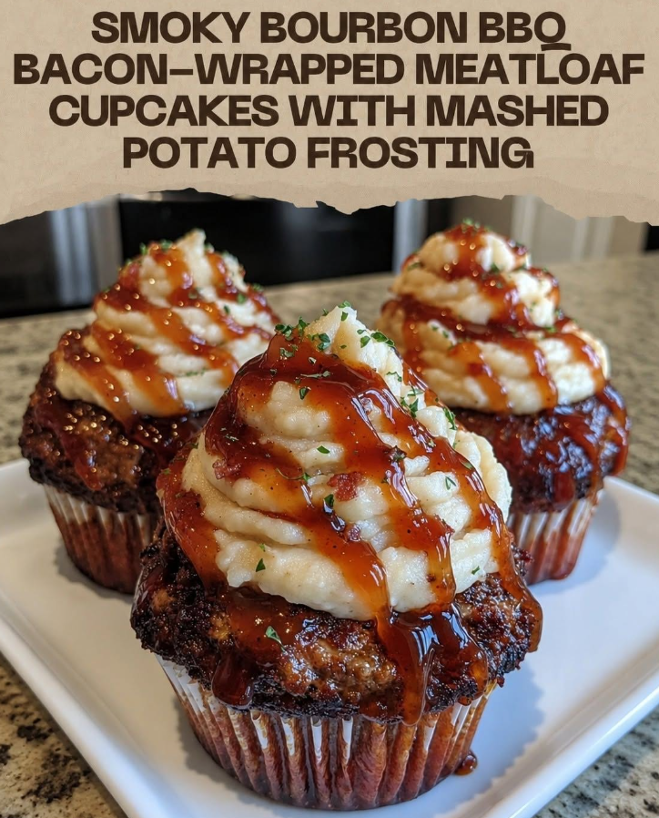Mediterranean Smoky Bourbon BBQ Bacon-Wrapped Meatloaf Cupcakes with Mashed Potato Frosting